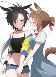 Rule 34 | 2girls, ^ ^, air shakur (umamusume), animal ears, ascot, bare shoulders, black hair, blue dress, blue shorts, blush, breasts, brown hair, camisole, choker, cleavage, closed eyes, closed mouth, clover hair ornament, crop top, dress, eyebrow piercing, fine motion (umamusume), frown, hair bun, hair ornament, highres, holding hands, horse ears, horse girl, horse tail, jacket, long hair, looking at another, mono (mono zzz), multiple girls, navel, off shoulder, open clothes, open jacket, open mouth, piercing, pinafore dress, short shorts, short sleeves, shorts, sleeveless dress, small breasts, smile, sweatdrop, tail, twitter username, umamusume, v-shaped eyebrows, white ascot, yellow eyes, yellow jacket
