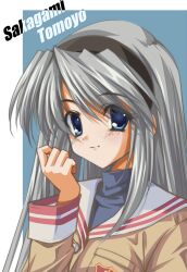 Rule 34 | 1990s (style), 1girl, absurdres, black hairband, blue background, blue eyes, blush, border, character name, clannad, clenched hand, close-up, closed mouth, commentary, eyelashes, eyes visible through hair, grey hair, hair between eyes, hairband, hand up, highres, hikarizaka private high school uniform, jacket, long hair, long sleeves, longmei er de tuzi, looking at viewer, retro artstyle, sailor collar, sakagami tomoyo, school uniform, sidelocks, simple background, smile, solo, turtleneck, white border, white sailor collar, yellow jacket