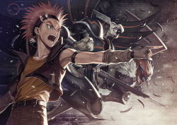 Rule 34 | 1boy, armpits, bad id, bad pixiv id, battle, belt, blackwing armed wing, blackwing armor master, clenched hand, crow hogan, duel monster, earrings, feathers, gloves, headband, jewelry, male focus, open mouth, orange hair, pointing, shirt, sleeveless, sleeveless shirt, solo, spiked hair, tattoo, vest, weapon, yna, yu-gi-oh!, yu-gi-oh! 5d&#039;s