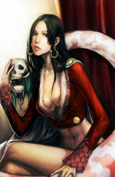 Rule 34 | 1girl, abs, amazon warrior, black hair, boa hancock, breasts, cleavage, crossed legs, earrings, fang, female focus, highres, jewelry, legs, lips, long hair, midriff, navel, noa ikeda, one piece, realistic, salome (one piece), side slit, sitting, skull, snake, solo
