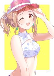 Rule 34 | 1girl, bare shoulders, bikini, blush, bow, breasts, brown eyes, brown hair, dot nose, earrings, food, grid background, hair bow, hand on own face, highres, idolmaster, idolmaster shiny colors, jewelry, long hair, looking at viewer, medium breasts, navel, one eye closed, open mouth, outside border, ponytail, popsicle, potesara888, print bikini, sakuragi mano, shaved ice, simple background, smile, solo, swimsuit, upper body, visor cap, white bikini, white bow, yellow background, zipper bikini