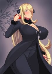 Rule 34 | 1girl, black coat, black pants, blonde hair, blush, breasts, cleavage, closed mouth, coat, commentary request, creatures (company), cynthia (pokemon), fur-trimmed sleeves, fur collar, fur trim, game freak, grey eyes, hair ornament, hair over one eye, hand up, highres, holding, holding poke ball, huge breasts, long hair, looking at viewer, nintendo, pants, poke ball, poke ball (basic), pokemon, pokemon dppt, skyloveit, smile, solo, very long hair