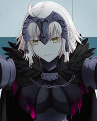 Rule 34 | 1girl, blonde hair, breasts, cape, chain, fate/grand order, fate (series), feather trim, hasebe akira, headpiece, highres, jeanne d&#039;arc (fate), jeanne d&#039;arc alter (avenger) (fate), jeanne d&#039;arc alter (fate), kabedon, looking to the side, medium breasts, short hair, solo, upper body, yellow eyes