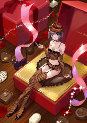 Rule 34 | 1girl, black bow, black cat, black footwear, black hair, bow, breasts, brown panties, bustier, candy, cat, chocolate, chocolate heart, collarbone, envelope, food, food-themed clothes, full body, garter belt, garter straps, hat, heart, high heels, highres, holding, holding envelope, looking at viewer, medium breasts, nail polish, nishimura eri, original, panties, petals, pink ribbon, purple eyes, red lips, red nails, ribbon, rose petals, short hair, sitting, solo, striped clothes, striped thighhighs, sweets lingerie, thighhighs, underwear