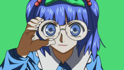 Rule 34 | 1girl, bespectacled, blue eyes, dr765, glasses, hair bobbles, hair ornament, joshi kousei, kawashiro nitori, lips, looking at viewer, parody, solo, touhou, twintails, two side up