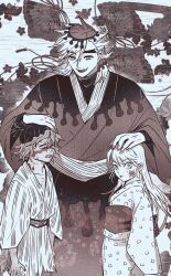 Rule 34 | 1girl, 2boys, aged down, angry, birthmark, brother and sister, child, clenched teeth, closed mouth, daki (kimetsu no yaiba), douma (kimetsu no yaiba), facial mark, flipped hair, folding fan, forked eyebrows, gyuutarou (kimetsu no yaiba), hair between eyes, hand fan, hand on another&#039;s head, headpat, highres, japanese clothes, kimetsu no yaiba, kimono, long hair, long sleeves, looking at viewer, medium hair, multicolored hair, multiple boys, obi, print hair, sash, scratches, siblings, standing, streaked hair, teeth, text in eyes, torn clothes, torn kimono, umu umu 0, unmoving pattern, veins