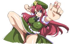 Rule 34 | 1girl, blue eyes, braid, breasts, china dress, chinese clothes, dress, female focus, fighting stance, hat, hong meiling, immaterial and missing power, kohcy, long hair, panties, red hair, simple background, solo, touhou, twin braids, underwear, white background