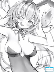 Rule 34 | 1girl, :d, akai haato, animal ears, bare shoulders, blush, bow, bowtie, breasts, covered navel, detached collar, fake animal ears, flipped hair, greyscale, hands up, head tilt, highres, hololive, large breasts, leotard, long hair, looking at viewer, monochrome, nanashi (nlo), open mouth, playboy bunny, rabbit ears, rabbit pose, simple background, smile, solo, standing, upper body, virtual youtuber, white background, wrist cuffs