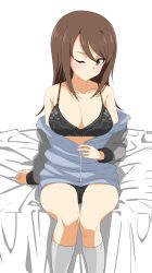 Rule 34 | 1girl, absurdres, arm support, blush, bra, breasts, brown eyes, brown hair, cleavage, girls und panzer, highres, jacket, keizoku military uniform, large breasts, lingerie, long hair, looking at viewer, mika (girls und panzer), off shoulder, on bed, open clothes, open jacket, sitting, solo, umeta shirisuke, underwear, unzipping