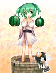 Rule 34 | 2girls, aged up, alternate breast size, aps50217, black hair, breasts, cleavage, commentary request, food, fruit, green eyes, green hair, hair bobbles, hair ornament, head bump, highres, japanese clothes, kimono, kisume, large breasts, multiple girls, off shoulder, open mouth, sash, skull and crossbones, smile, the ring, touhou, twintails, unconscious, videocassette, watermelon, well, wide sleeves, yamamura sadako, yukata