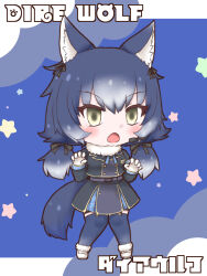 Rule 34 | 1girl, animal ear fluff, animal ears, blazer, blue hair, dire wolf (kemono friends), extra ears, gloves, grey eyes, highres, jacket, kemono friends, kemono friends v project, kneehighs, long hair, looking at viewer, mabuta (mbt), microphone, open mouth, ribbon, scarf, shoes, simple background, skirt, socks, solo, tail, twintails, virtual youtuber, wolf ears, wolf girl, wolf tail