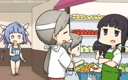 Rule 34 | 5girls, alternate costume, apron, bag, black eyes, black hair, blue hair, blunt bangs, braid, breasts, cabbage, chitose (kancolle), closed eyes, commentary request, dated, fang, food, gloves, gradient hair, green apron, grey hair, hair ribbon, hallway, hamu koutarou, highres, i-19 (kancolle), indoors, kantai collection, kitakami (kancolle), large breasts, long hair, multicolored hair, multiple girls, name tag, plastic bag, ponytail, red eyes, ribbon, school swimsuit, shirt, shop, sidelocks, skin fang, smile, star-shaped pupils, star (symbol), swimsuit, symbol-shaped pupils, t-shirt, tomato, translation request, tress ribbon, tri tails, twintails, vegetable, white gloves, white shirt