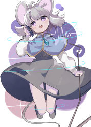 Rule 34 | 1girl, absurdres, ahoge, animal ears, blue capelet, blush, capelet, dowsing rod, dress, full body, grey dress, grey hair, hair between eyes, hall jion, highres, jewelry, long sleeves, mouse ears, mouse tail, nazrin, open mouth, pendant, purple eyes, short hair, solo, tail, teeth, touhou, upper teeth only