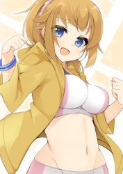 Rule 34 | 1girl, :d, blue eyes, breasts, brown hair, brown jacket, character request, crop top, groin, gundam, gundam build fighters, hair ornament, hair scrunchie, hands up, hood, hood down, hooded jacket, hoshino fumina, jacket, large breasts, long hair, long sleeves, looking at viewer, navel, open clothes, open jacket, open mouth, pink scrunchie, princess connect!, princess connect!, sasakura, scrunchie, shorts, sidelocks, smile, solo, white shorts