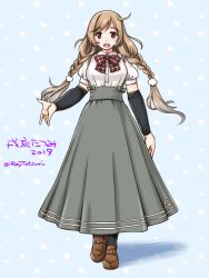 Rule 34 | 1girl, adapted costume, arm warmers, artist name, blue background, braid, brown eyes, cloud hair ornament, full body, gradient hair, grey skirt, kantai collection, light brown hair, long hair, long skirt, minegumo (kancolle), multicolored hair, plaid neckwear, pleated skirt, polka dot, polka dot background, red neckwear, shirt, skirt, solo, suspender skirt, suspenders, tatsumi ray, twin braids, twitter username, white shirt