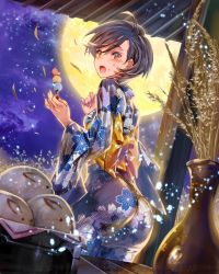 Rule 34 | 1girl, ass, black hair, blush, crumbs, eugene (orsaga capture), food, full moon, holding, holding food, japanese clothes, kimono, long sleeves, looking back, moon, night, official art, open mouth, orsaga capture, short hair, solo, sweatdrop, wind