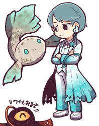 Rule 34 | 1boy, aqua hair, black eyes, closed mouth, coat, commentary request, crossed arms, earrings, employee (project moon), fish, frown, half-closed eyes, hatake shimeji, jewelry, lobotomy corporation, lowres, open clothes, open coat, pants, project moon, sailor, short hair, simple background, single earring, torn clothes, torn coat, translation request, white background, white coat, white pants, yang (project moon), yin (project moon)