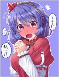Rule 34 | 1girl, ^^^, arms up, blue background, blue hair, blush, commentary request, flying sweatdrops, full-face blush, fusu (a95101221), hair between eyes, hair ornament, layered sleeves, leaf hair ornament, long sleeves, looking at viewer, mirror, open mouth, own hands together, red eyes, red shirt, shirt, short hair, short sleeves, simple background, solo, standing, sweat, touhou, translated, upper body, white sleeves, yasaka kanako