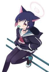 Rule 34 | 1girl, absurdres, animal ears, bag, black pantyhose, blue archive, cat ears, cat girl, collarbone, commentary request, eyes visible through hair, food, halo, hands in pocket, highres, hood, hooded jacket, jacket, kazusa (blue archive), long sleeves, looking at viewer, macaron, multicolored hair, pantyhose, parted bangs, pleated skirt, school bag, school uniform, serafuku, short hair, sidelocks, simple background, sitting, skirt, solo, two-tone hair, uuronhai, white background