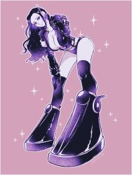 Rule 34 | 1girl, 26 tgw, boots, breasts, commentary request, cropped jacket, dated, earphones, full body, gloves, hand on own knee, hand on own shoulder, highres, jacket, leather, leather jacket, long hair, long sleeves, looking at viewer, nico robin, one piece, panties, purple background, sidelocks, smile, solo, sparkle, thighhighs, underwear