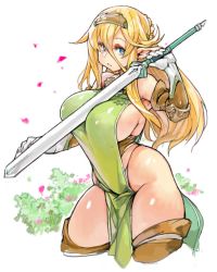 Rule 34 | 1girl, bare shoulders, blonde hair, blue eyes, blush, boots, breasts, bush, cowboy shot, elbow gloves, elf, flower, gloves, hairband, highleg, highleg panties, large breasts, long hair, panties, pelvic curtain, petals, pointy ears, sachito, sideboob, solo, standing, sword, tabard, thigh boots, thighhighs, thighs, underwear, weapon, white panties
