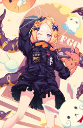 Rule 34 | 1girl, ;), abigail williams (fate), abigail williams (traveling outfit) (fate), arm up, balloon, black bow, black jacket, blonde hair, blue eyes, blurry, blurry foreground, blush, bow, character name, closed mouth, copyright name, crossed bandaids, depth of field, fate/grand order, fate (series), fou (fate), h2o (dfo), hair bow, hair bun, holding, holding balloon, holding stuffed toy, jacket, key, long hair, long sleeves, looking at viewer, medjed (fate), official alternate costume, one eye closed, orange bow, parted bangs, polka dot, polka dot bow, single hair bun, sleeves past wrists, smile, solo, standing, star (symbol), stuffed animal, stuffed toy, suction cups, teddy bear, tentacles