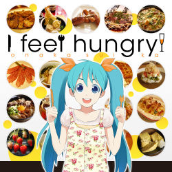 Rule 34 | 1girl, alternate costume, blue eyes, blue hair, english text, female focus, floral print, food, fork, fruit, hatsune miku, knife, long hair, matching hair/eyes, meat, mitsunari, open mouth, photo background, romaji text, solo, strawberry, twintails, vocaloid