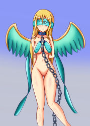 Rule 34 | 1girl, angel, angel (megami tensei), aveve, bdsm, blindfold, blonde hair, bondage, bottomless, bound, breasts, cleft of venus, collar, covered erect nipples, leash, pussy, solo, uncensored, wings