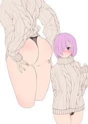 Rule 34 | 1girl, aran sweater, ass, black panties, blush, cable knit, clothes lift, cowboy shot, cropped legs, fate/grand order, fate (series), hair over one eye, highres, lingerie, long sleeves, mash kyrielight, multiple views, panties, pink hair, purple eyes, shiroi ume, short hair, simple background, sleeves past wrists, sweatdrop, sweater, sweater lift, thong, turtleneck, turtleneck sweater, underwear, white background