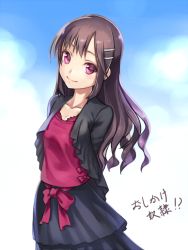 Rule 34 | 1girl, arms behind back, bad id, bad pixiv id, breasts, brown hair, casual, cleavage, collarbone, copyright request, hair ornament, hairclip, long hair, looking at viewer, nakasaki hydra, purple eyes, small breasts, smile, solo, translation request