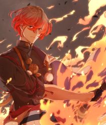 Rule 34 | 1boy, expressionless, fate (series), fire, grey hair, hair between eyes, highres, holding, holding sword, holding weapon, japanese clothes, looking at viewer, male focus, multicolored hair, orange hair, red eyes, red hair, sheath, short hair, smoke, solo, sword, two-tone hair, u2 (yuniu222), unsheathing, upper body, watanabe no tsuna (fate), weapon