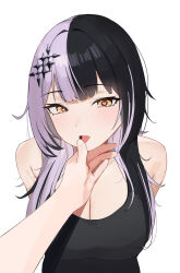 Rule 34 | 1girl, alternate costume, arms behind back, bare shoulders, black hair, black tank top, breasts, cleavage, hair intakes, hand on another&#039;s mouth, heart, heart-shaped pupils, highres, hololive, hololive english, ku roiko, large breasts, looking at viewer, medium hair, multicolored hair, open mouth, pov, pov hands, shiori novella, simple background, solo, split-color hair, symbol-shaped pupils, tank top, upper body, virtual youtuber, white background, white hair, yellow eyes