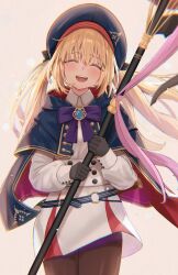 Rule 34 | 1girl, artoria caster (fate), artoria caster (second ascension) (fate), artoria pendragon (fate), belt, beret, black bow, black gloves, black pantyhose, blonde hair, blue belt, blue cloak, blue gemstone, blue hat, blush, bomberca309, bow, buttons, cloak, closed eyes, collared shirt, commentary, facing viewer, fate/grand order, fate (series), gem, gloves, gold trim, hair between eyes, hair bow, hat, highres, holding, holding staff, long hair, long sleeves, open mouth, ornament, pantyhose, pink ribbon, purple bow, ribbon, shirt, skirt, smile, solo, staff, teeth, twintails, white background, white shirt, white skirt