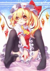 1girl :d ascot bad_id bad_pixiv_id bed_sheet black_thighhighs feet female_focus flandre_scarlet hat highres kyouda_suzuka looking_at_viewer mob_cap no_shoes open_mouth orange_eyes side_ponytail sitting smile solo thighhighs toes touhou wings wrist_cuffs