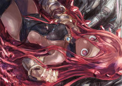Rule 34 | 1girl, bare shoulders, brooch, elbow gloves, gloves, granblue fantasy, highres, jewelry, long hair, looking at viewer, lying, on back, red eyes, red hair, smile, solo, very long hair, yatima, yohane