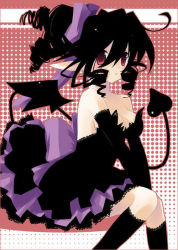Rule 34 | artist request, black hair, blush, breasts, character request, cleavage, curly hair, demon girl, demon tail, demon wings, duplicate, frills, hair ribbon, pointy ears, red eyes, ribbon, sitting, source request, tail, wings