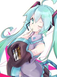 Rule 34 | 1girl, ahoge, akino coto, aqua eyes, aqua hair, aqua nails, aqua necktie, bare shoulders, belt, black skirt, black sleeves, commentary, detached sleeves, finger to mouth, grey shirt, hair ornament, hand up, hatsune miku, headphones, headset, long hair, looking at viewer, miniskirt, nail polish, necktie, one eye closed, pleated skirt, shirt, shoulder tattoo, skirt, sleeveless, sleeveless shirt, solo, symbol-only commentary, tattoo, twintails, upper body, very long hair, vocaloid, white background