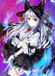Rule 34 | 1girl, azur lane, black bow, black skirt, black thighhighs, blouse, bow, cowboy shot, erebus (azur lane), from side, gloves, hood, long hair, looking at viewer, looking to the side, parted lips, puffy short sleeves, puffy sleeves, red eyes, red neckwear, shirt, short sleeves, silver hair, skirt, solo, thighhighs, white gloves, white shirt, y2