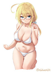 Rule 34 | 1girl, ahoge, alternate costume, bare arms, bare legs, bare shoulders, belly, bikini, blonde hair, blue eyes, blush, breasts, cleavage, collarbone, cowboy shot, cropped legs, duplicate, ebifurya, glasses, groin, hair between eyes, hair ribbon, highres, i-8 (kancolle), kantai collection, large breasts, long hair, looking at viewer, looking back, low twintails, navel, pixel-perfect duplicate, red-framed eyewear, ribbon, semi-rimless eyewear, simple background, skindentation, solo, swimsuit, twintails, twitter username, under-rim eyewear, white background, white bikini