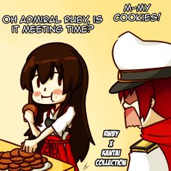 Rule 34 | 2girls, admiral (kancolle) (cosplay), akagi (kancolle), brown hair, cape, cookie, cosplay, crossover, eating, english text, female admiral (kancolle), female admiral (kancolle) (cosplay), food, gradient background, hat, japanese clothes, kantai collection, long hair, military, military uniform, multiple girls, naval uniform, red hair, ruby rose, rukotaro, rwby, short hair, uniform
