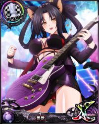 Rule 34 | 1girl, animal ears, bishop (chess), black hair, breasts, card (medium), cat ears, cat girl, chess piece, female focus, guitar, plectrum, high school dxd, highres, holding, holding instrument, instrument, kuroka (high school dxd), large breasts, looking at viewer, official art, open mouth, smile, solo, underboob, yellow eyes