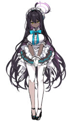 Rule 34 | 1girl, ahoge, apron, black dress, black footwear, black hair, blue archive, blue bow, blue bowtie, blush, bow, bowtie, breasts, closed mouth, commentary request, dark-skinned female, dark skin, dress, frilled apron, frills, full body, gloves, gradient hair, hair between eyes, halo, high heels, highres, karin (blue archive), kurimochi chizuru, large breasts, long hair, looking at viewer, maid, maid apron, maid headdress, multicolored hair, own hands together, pantyhose, pleated dress, puffy short sleeves, puffy sleeves, purple hair, ribbon, shoes, short sleeves, simple background, sketch, smile, solo, standing, v arms, very long hair, white apron, white background, white gloves, white pantyhose, yellow eyes