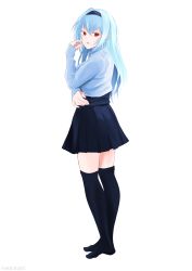 Rule 34 | 1girl, absurdres, arm up, black skirt, black thighhighs, blue hair, blue sweater, casual, full body, girls&#039; frontline, hairband, highres, long hair, looking at viewer, looking to the side, no shoes, open mouth, red eyes, skirt, solo, standing, sugac, sweater, thighhighs, thunder (girls&#039; frontline), white background