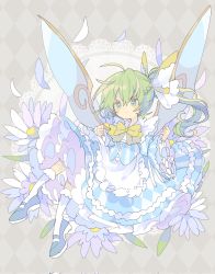 Rule 34 | 1girl, argyle, argyle background, argyle clothes, blue dress, blue footwear, blush, closed mouth, corrupted twitter file, daiyousei, dress, fairy, fairy wings, flower, full body, green eyes, green hair, hair between eyes, highres, kneehighs, long hair, long sleeves, nikorashi-ka, petals, shoes, side ponytail, socks, solo, striped clothes, striped dress, touhou, white flower, white socks, wide sleeves, wings