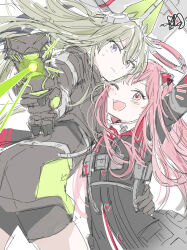 Rule 34 | 2girls, animal ears, arm up, black gloves, close game/offline (project sekai), closed mouth, fake animal ears, gloves, green hair, halo, hand on another&#039;s waist, highres, holding, holding weapon, kaesmedubu, kusanagi nene, long hair, looking at viewer, mechanical halo, multiple girls, official alternate costume, official alternate hair length, official alternate hairstyle, one eye closed, ootori emu, open mouth, pink eyes, pink hair, project sekai, purple eyes, shorts, weapon