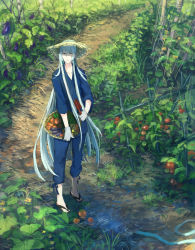 Rule 34 | 10s, 1boy, basket, blue eyes, blue hair, cucumber, eggplant, full body, garden, hat, highres, japanese clothes, kousetsu samonji, leaf, long hair, male focus, matching hair/eyes, personification, pippi (pixiv 1922055), sandals, solo, straw hat, tomato, touken ranbu, trowel, very long hair