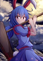 Rule 34 | 1girl, ambiguous red liquid, animal ears, aospanking, bloomers, blue dress, blue hair, crescent, dress, earclip, kine, mallet, moon rabbit, rabbit ears, red eyes, seiran (touhou), solo, star (symbol), touhou, underwear