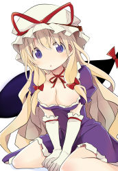 Rule 34 | 1girl, blonde hair, blush, breasts, choker, cleavage, dress, elbow gloves, gap (touhou), gloves, hat, hat ribbon, highres, long hair, looking at viewer, mob cap, mukuroi, open mouth, puffy sleeves, purple dress, purple eyes, ribbon, ribbon choker, short sleeves, simple background, sitting, solo, touhou, white background, white gloves, yakumo yukari