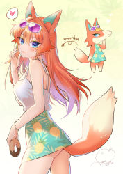 Rule 34 | 1girl, absurdres, animal crossing, animal ear fluff, animal ears, audie (animal crossing), bare arms, bare shoulders, blue eyes, breasts, commentary, cowboy shot, creature and personification, doughnut, eyewear on head, food, geshumaro, gradient background, hair between eyes, hand up, heart, highres, humanization, large breasts, long hair, looking at viewer, nail polish, nintendo, orange hair, orange nails, personification, pineapple print, print skirt, purple-tinted eyewear, shirt, simple background, skirt, smile, solo, spoken heart, sunglasses, sunglasses on head, tail, tinted eyewear, white shirt, wolf ears, wolf girl, wolf tail, yellow background