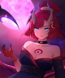 Rule 34 | 1girl, bare shoulders, blood moon evelynn, blue eyes, blue nails, bracelet, breasts, cleavage, collarbone, evelynn (league of legends), fingernails, highres, horns, jewelry, large breasts, league of legends, looking at viewer, nail polish, pink hair, rukiadaichi, sharp fingernails, short hair, slit pupils, solo, upper body